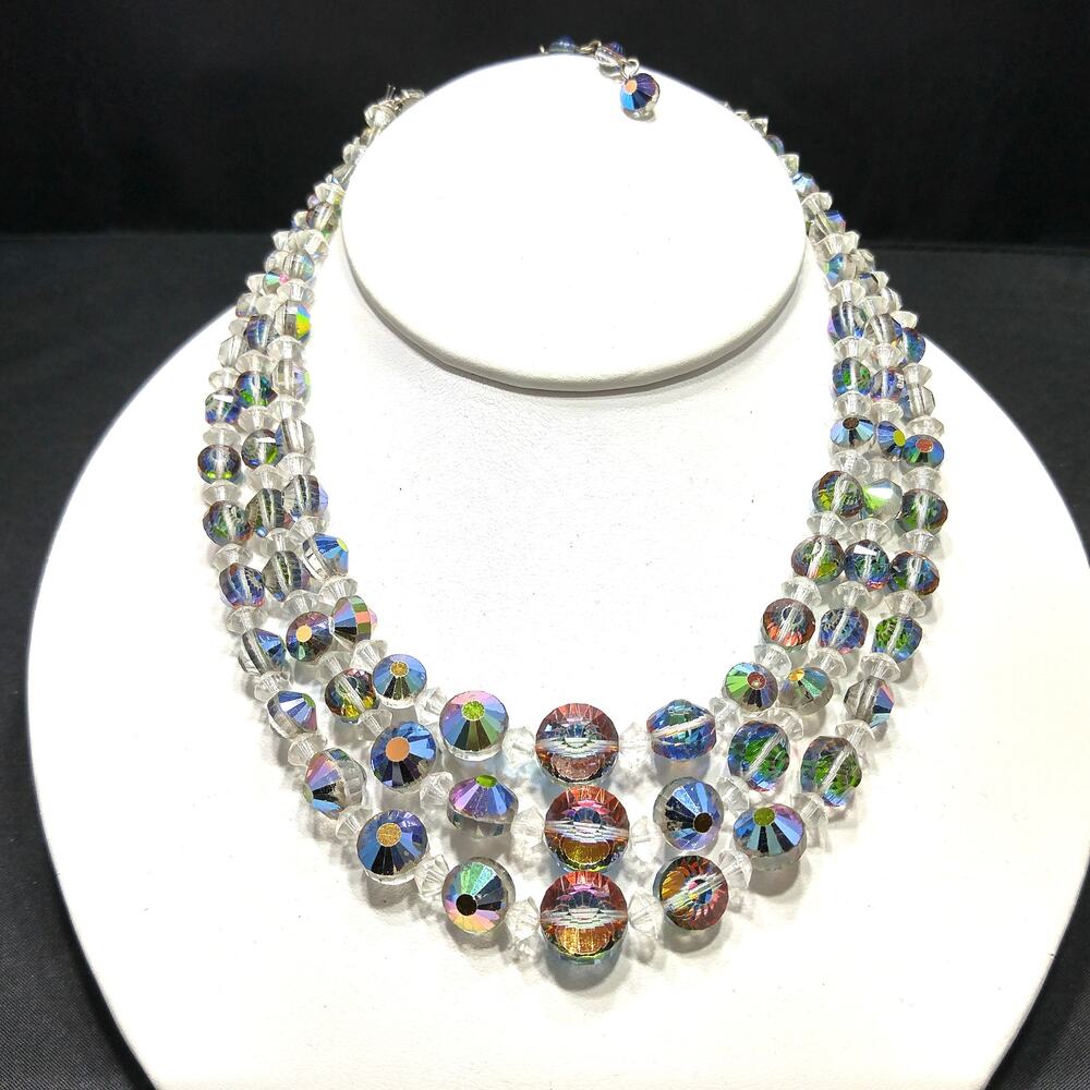 Vitrail Aurora Borealis Crystal Bead Necklace, Three Strands, 1960s Vintage